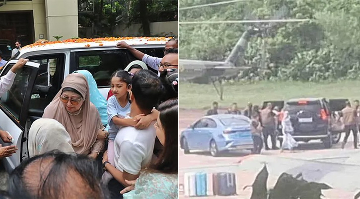 (বাঁয়ের ছবিতে) চিকিৎসা শেষে দেশে ফিরে খালেদা জিয়া পেয়েছেন ফুলেল অভ্যর্থনা, জনরোষের মুখে উড়োজাহাজযোগে ভারতে পালাতে হয় শেখ হাসিনাকে