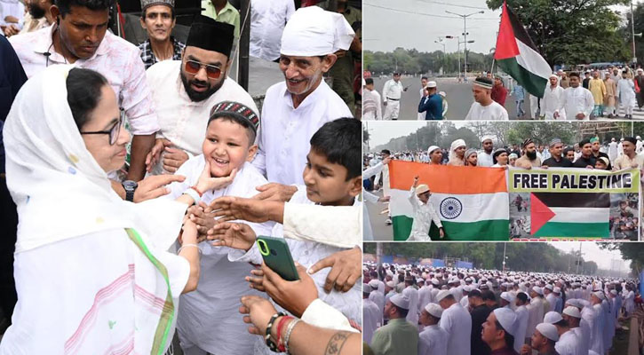 ঈদ জামাতের আগে ফিলিস্তিনের পতাকা নিয়ে মিছিল, সম্প্রীতির বার্তা দিলেন মমতা