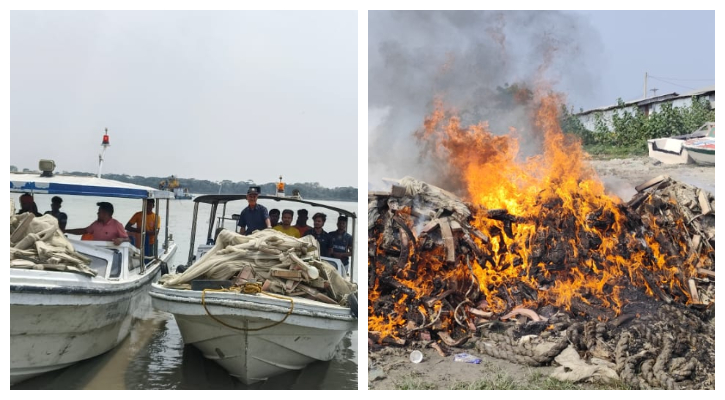 মেঘনা-কালাবদর থেকে বিপুল পরিমাণ অবৈধ জাল জব্দ